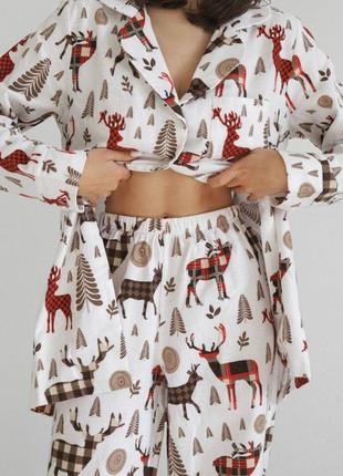 Байковая пижамка 3в1 с новогодним принтом 🎄☃️ лимитированная коллекция костюм штаны рубашка шорты пижама на байке2 фото