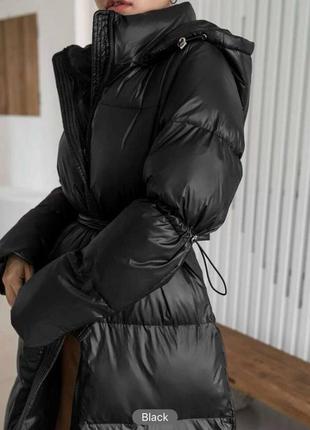 Куртка одеяло черная с поясом длинный пуховик чорна куртка з поясом тепла зимня с капюшоном3 фото