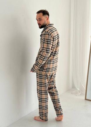 Тепла чоловіча піжама домашній костюм преміум фланель бежева у клітинку3 фото