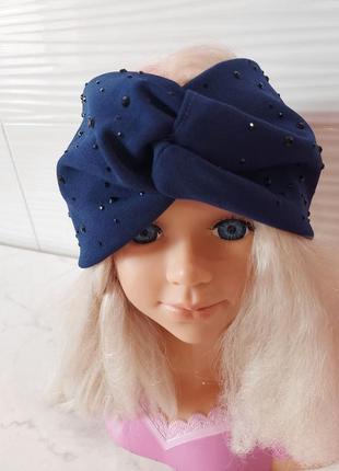 Широкая повязка чалма со стразами синего цвета 54- 56 размер