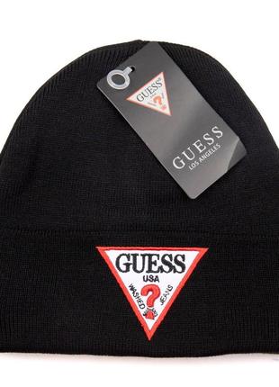 Шапка черная вязаная женская мужская в стиле  guess шапка зимняя гесс унисекс1 фото