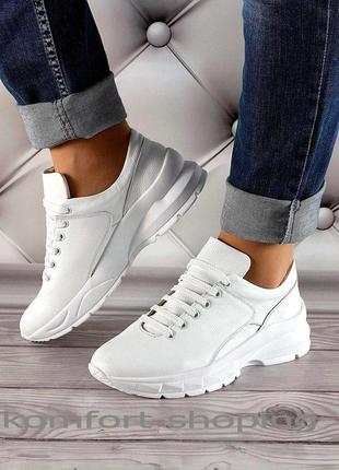 Женские кроссовки на шнуровке кожаные, белые  к 13512 фото