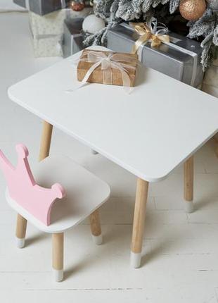 Детский белый прямоугольный столик и стульчик корона розовая. столик для игр, уроков, еды. белый столик3 фото