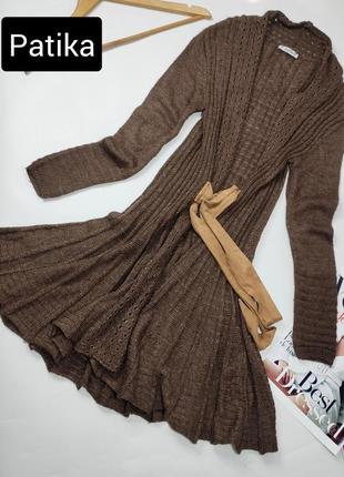 Кардиган жіночий клешь в'язаний коричневого кольору з поясом від бренду patika s1 фото