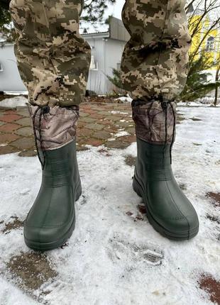 Теплі водонепроникні гумові чоботи олива з вкладишем. гумові чоботи утеплені