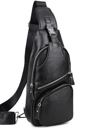 Мужская сумка-слинг кожаная черная tiding bag - m12094