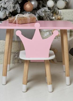 Розовый прямоугольный столик и стульчик детский корона с белым сиденьем. розовый детский столик8 фото