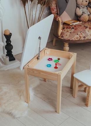 Белый деревянный столик и стульчик детский с ящиком. белоснежный детский столик для уроков, игр, еды8 фото