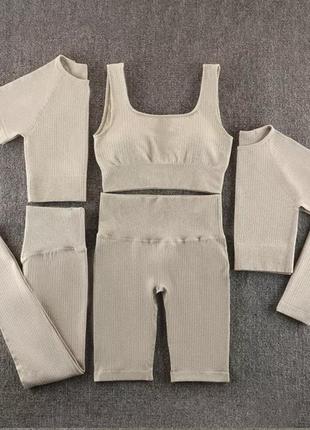 Комплект 3 в 1 спортивний костюм безшовний легінси топ лонгслів в рубчик лосіни для зала фітнесу тренувань2 фото