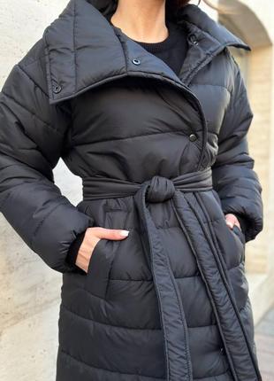 Теплое зимнее пальто пуховик на силиконе пуха плащевка с поясом воротничком карманами по фигуре2 фото