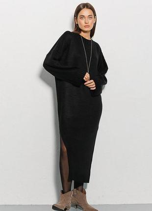 Плаття-міді чорне в'язане з високим розрізом збоку modna kazka mkar101945-42 фото