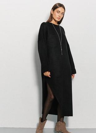 Плаття-міді чорне в'язане з високим розрізом збоку modna kazka mkar101945-46 фото