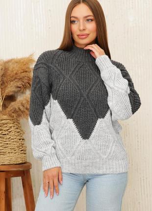 Женский теплый вязанный свитер двухцветный размер 44-52 бело-коричневый6 фото