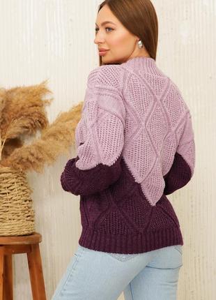 Женский теплый вязанный свитер двухцветный размер 44-52 бело-коричневый9 фото
