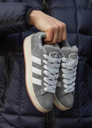 Зимові жіночі кросівки adidas campus winter grey white fur кампус сірого з білим кольорів з хутром