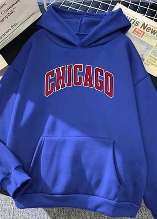 Теплое худи с надписью чикаго на флисе с капюшоном карманом кенгуру свободного кроя