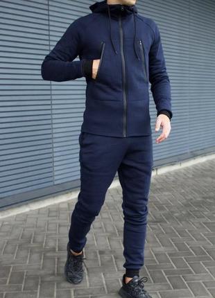 Чоловічий стильний зимовий флісовий костюм на блискавці синього кольору