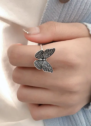 Кольцо бабочка, крупное кольцо с чернением, серебряное покрытие 925 пробы, регулируемый размер 16
