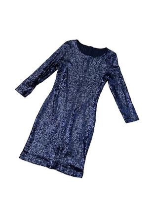 Платье синяя мини пайетки с рукавами блестящего2 фото