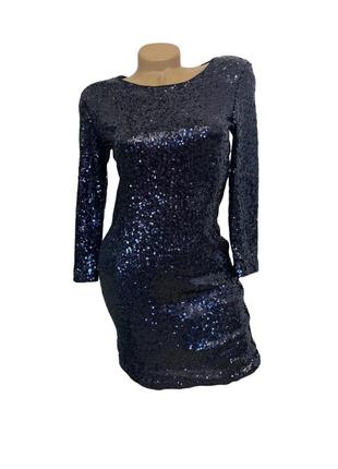 Сукня синя міні паєтки з рукавами блискуча