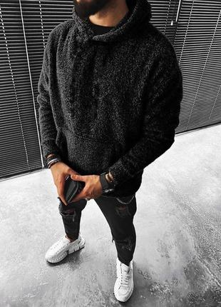 Серое мужское теплое оверсайз плюшевое худи