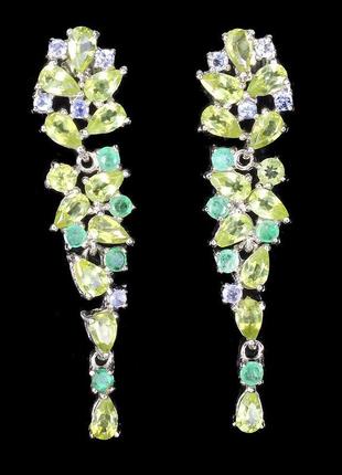 Срібні сережки з хризолітом, смарагдом  і танзанітом (натуральний) срібло 925 проби