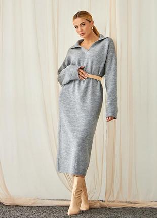 Теплое длинное платье поло с шерстью мериноса серый цвет. модель 25334 фото