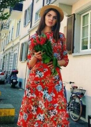 Платье миди h&amp;m в цветочный принт с длинным рукавом. возле шеи красивая сборка1 фото