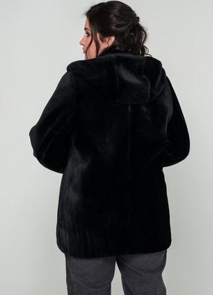 Элегантная женская зимняя шубка черного цвета из искусственного меха с капюшоном, большие размеры6 фото