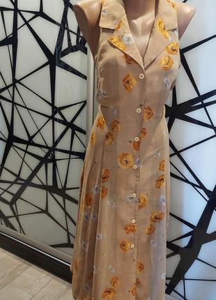 Шифоновое платье миди в цветочный принт на пуговицах с отложным воротником 44-46
