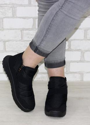 Стильные черные зимние женские ботинки дутики на застежке с липучкой и молнией,с мехом,ная зима6 фото