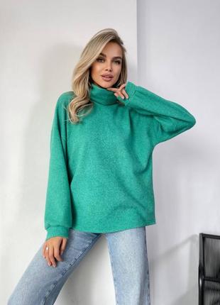 Теплый мягкий ангоровый свитер в рубчик, зеленый свитер ангора на осень зима