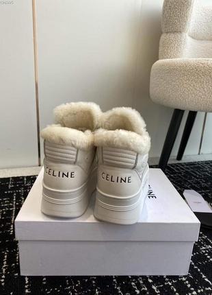 Зимние кроссовки celine из натуральной кожи и меха на платформе белые9 фото