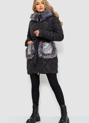 Стильна сьобана жіноча куртка на синтепоні чорна жіноча куртка з хутром куртка єврозима куртка з поясом3 фото