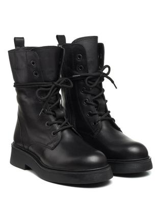 Ботинки женские кожаные черные на платформе, с молнией и шнуровками 488цz
