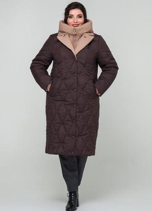 Трендове зимове жіноче пальто зі стьобаної  плащової тканини з капюшоном, великі розміри4 фото