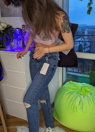 ❤️denim новые с бирками!😱🍀 100% котон джинси bershka🔥высокая посадка😱темные джисни с дирками👖2 фото