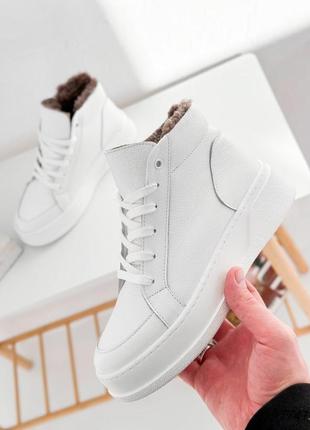 Белые натуральные кожаные зимние высокие кроссовки кеды на толстой подошве кожа зима флотар6 фото
