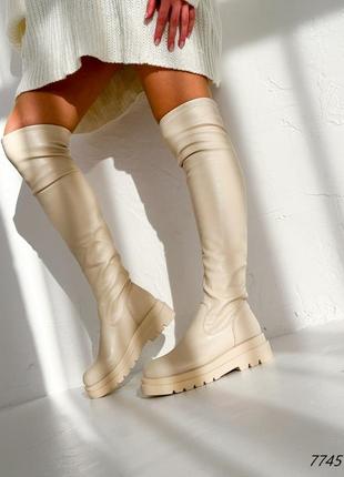Єврозима бежеві шкіряні зимові чоботи ботфорти на товстій підошві зима беж європейки8 фото