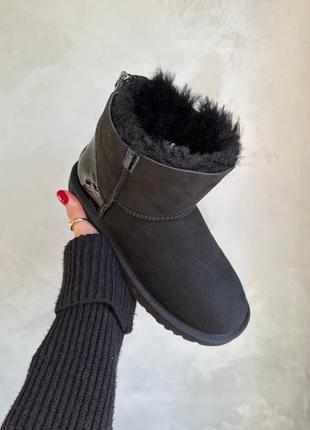 Ugg mini угги натуральна замша натуральне хутро уггі чорного кольору з блискавкою уги замшевые сапоги натуральная замша мех зима6 фото