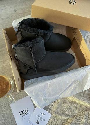 Ugg mini угги натуральна замша натуральне хутро уггі чорного кольору з блискавкою уги замшевые сапоги натуральная замша мех зима
