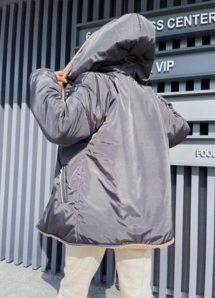Женская зимняя двусторонняя куртка плащевка мех с капюшоном размер  42/48 oversize4 фото