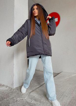 Женская зимняя двусторонняя куртка плащевка мех с капюшоном размер  42/48 oversize7 фото