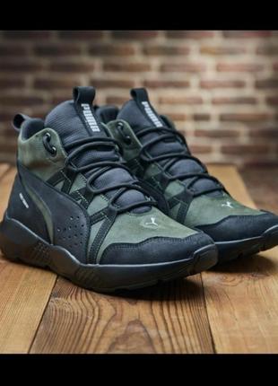 Зимові шкіряні черевики/чоловічі кросівки puma на хутрі, зимние кроссовки хаки, ботинки