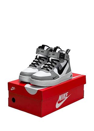 Зимові жіночі кросівки nike air force 1 utility high grey white black fur#найк
