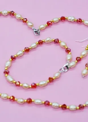 Гарнитур, комплект украшений: ожерелье, браслет, серьги из натурального жемчуга2 фото