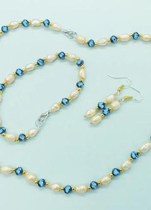 Гарнитур, комплект украшений: ожерелье, браслет, серьги из натурального жемчуга2 фото