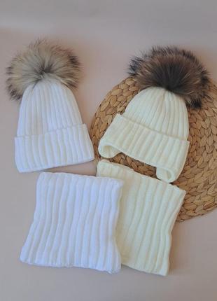 Сезонний розпродаж  комплект зимовий набір шапка з натуральним помпоном з бубоном7 фото