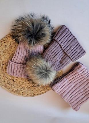 Сезонний розпродаж  комплект зимовий набір шапка з натуральним помпоном з бубоном9 фото