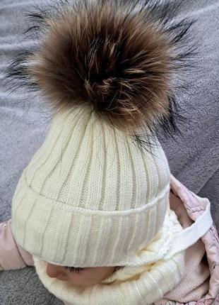 Сезонний розпродаж  комплект зимовий набір шапка з натуральним помпоном з бубоном5 фото